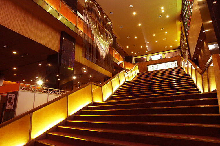 【大階段】 ： １階から見上げた大階段。２階へと続く幅の広い紫色の階段が、ステージを見下ろす壮観な客席へと誘う。
